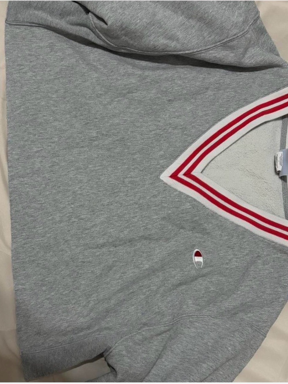 Champion Grey V-Neck Sweatshirt with Red Trim Accent